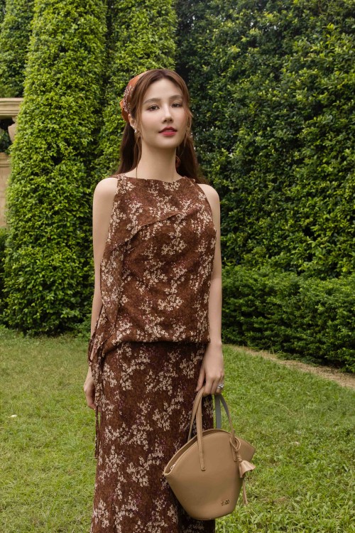 Sixdo Yellowish Brown Floral Organza Mermaid Skirt
